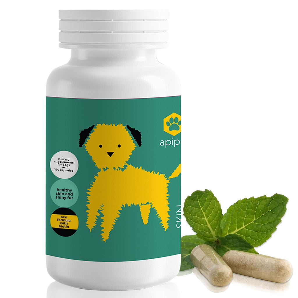 ApiPet Skin - Bee Pollen, Propolis & Biotin Supplement for Dogs - Supports Healthy Skin & Soft Shiny Coats - Itchy Allergy Relief - Vitamin Rich Pet Formula for Immune System Support - 120 Capsules - PawsPlanet Australia