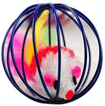 Cats Plastic Colorful Cage Ball with Toy Mouse and Bell, Interactive Tease Toy. Assorted Co lours, Pack of 3, Size 6.5cm,wt 60 gm, Material Plastic. - PawsPlanet Australia