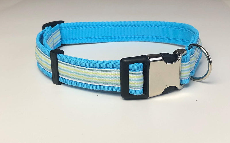 KLASSY K9 DOG COLLAR SKY BLUE WEBBING WITH STRIPE DESIGN LARGE 1" WIDE - PawsPlanet Australia