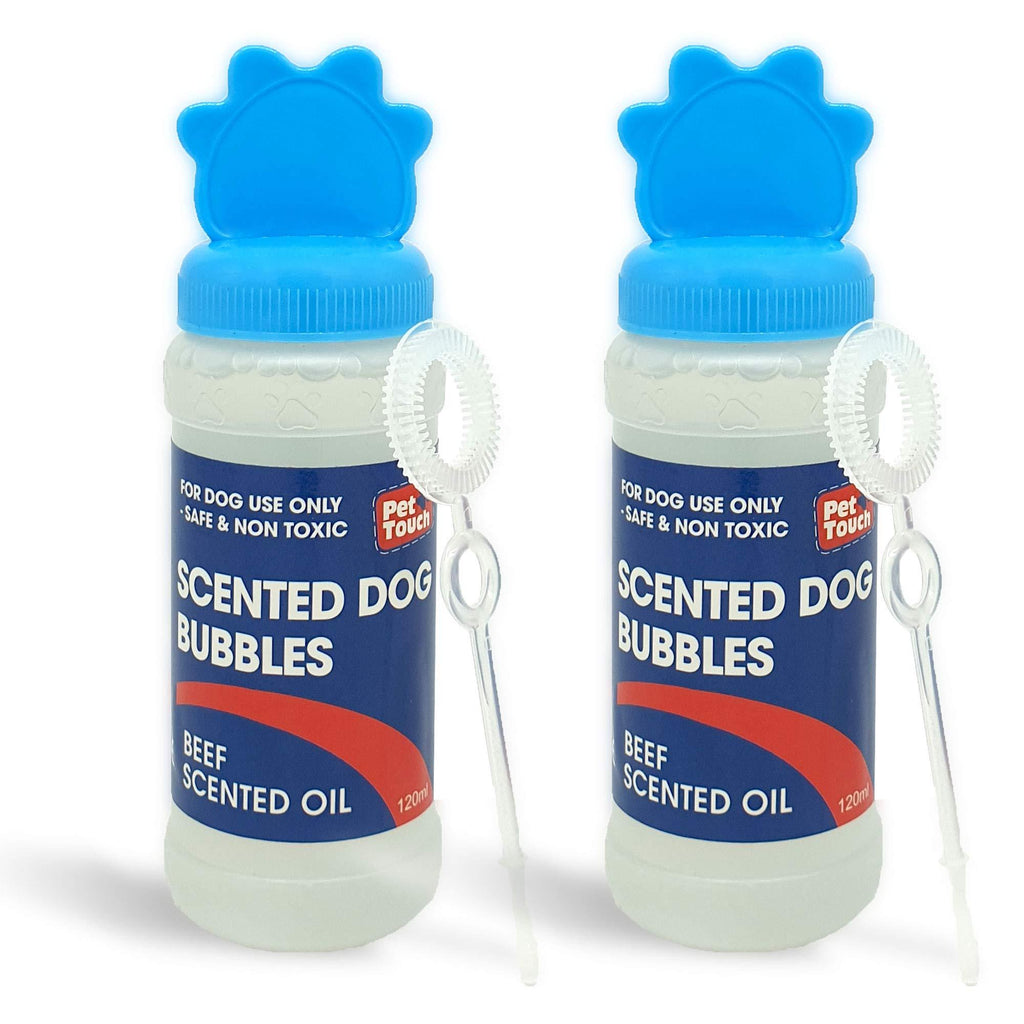 2 X 120 ml Blowing Bubbles for Dogs that contains SCENTED in BEEF and PEANUT BUTTER for Pet Interactive Play (BEEF, 2 X Blue (240 ml)) 2 X Blue (240 ml) - PawsPlanet Australia