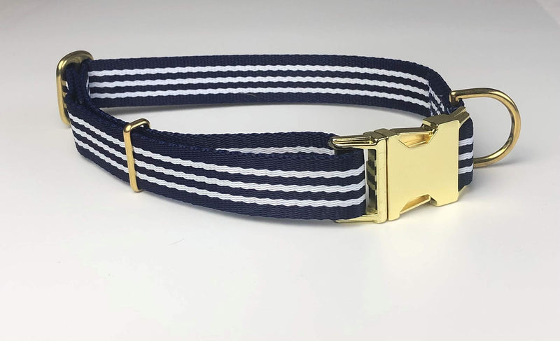 KLASSY K9 DOG COLLAR NAVY BLUE AND WHITE STRIPE WEBBING WITH BRASS LARGE 1" WIDE - PawsPlanet Australia