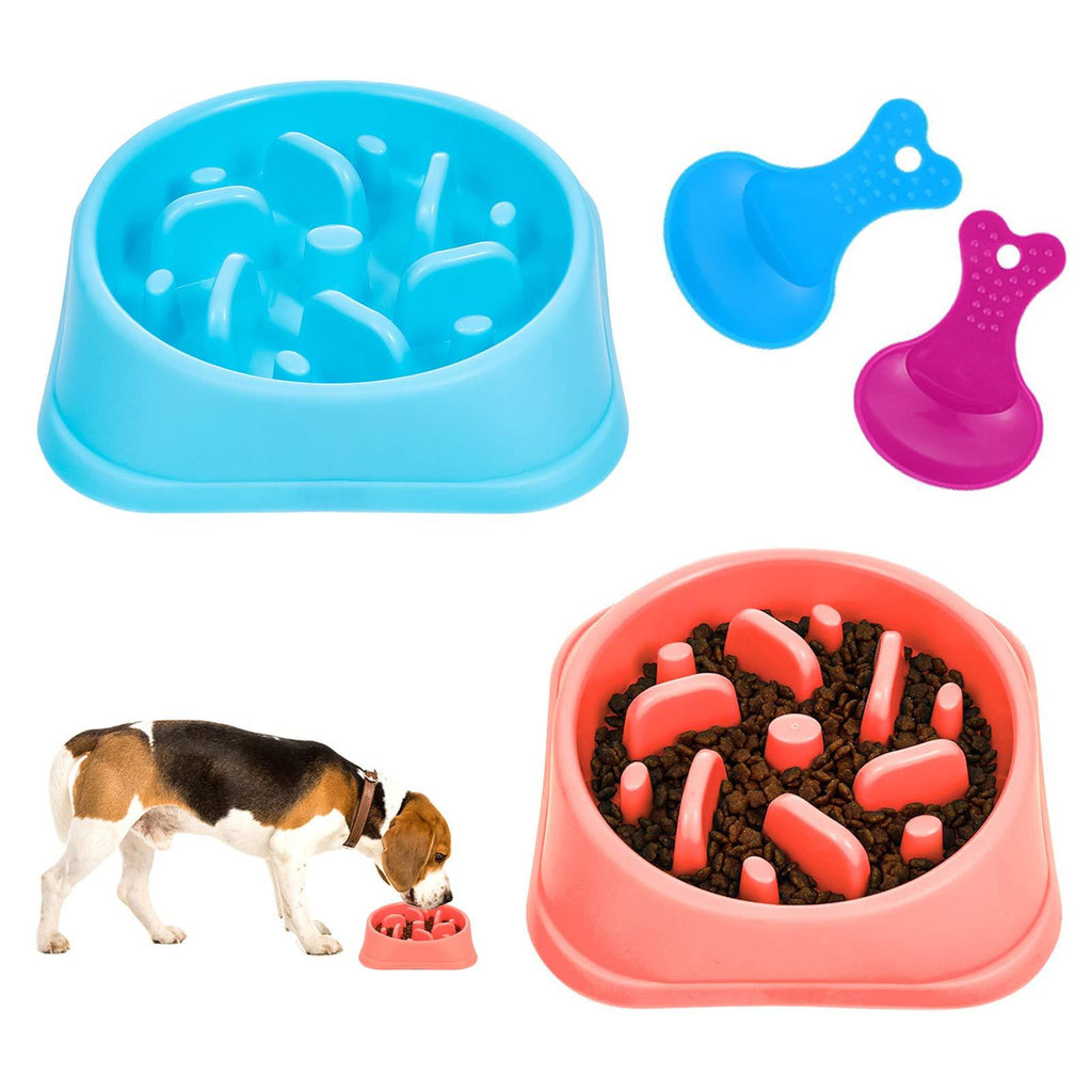 Heyu-Lotus 2 Pack Slow Feeder Dog Bowl, Anti-Gulping Maze Interactive Puzzle Dog Bowl Fun Feeder Non-slip Anti-Choking Dog Bowl with Spoons (Pink&Blue) - PawsPlanet Australia