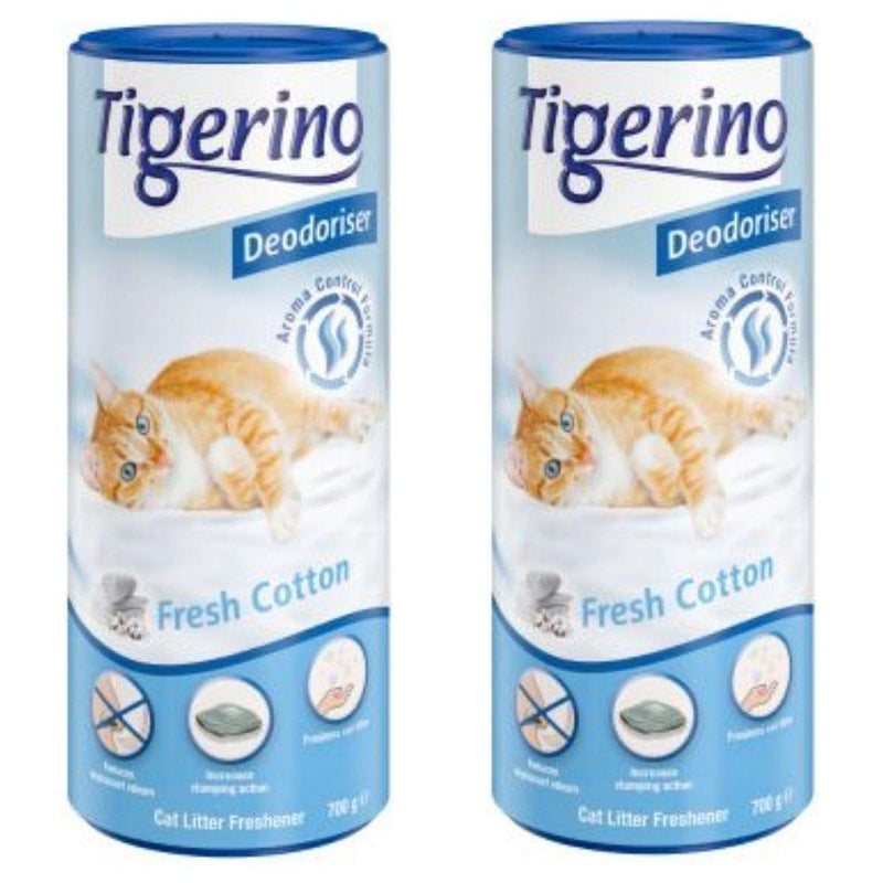 Tigerino Deodorizer, Fresh Cotton - 2 X 700g Powdery Floral Fragrance With Vanilla, Jasmin And Violet, Rounded Off With Iris And Ceder Wood, Litter Deodorizer With Fine Granules Of Natural Clay - PawsPlanet Australia
