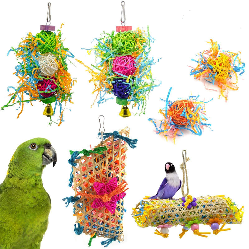 O'woda 6 PCS Bird Chewing Toys Parrot Shredder Toy, Perch Stand Hanging Foraging Toys with Rattan Ball for Conure Cockatiel African Grey Parakeet Mynah, Love Birds, Finch, Small & Medium Pet Bird - PawsPlanet Australia