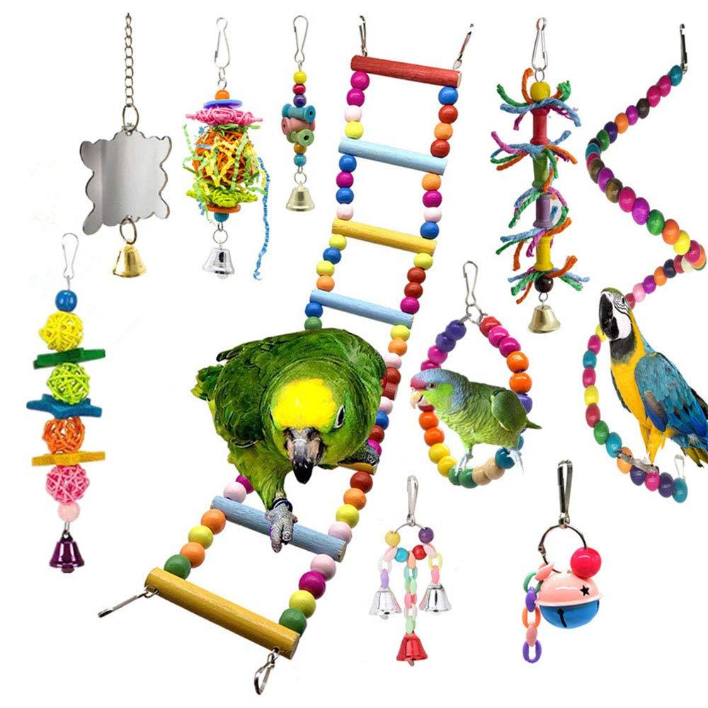 Angwis 10pcs Parrot Cage Toys Birds Hanging Swing/Perches/Climbing Ladder/Mirror/Bells/Chewing Toys for Budgies Small Parrots Parakeets Cockatiels Macaws - PawsPlanet Australia