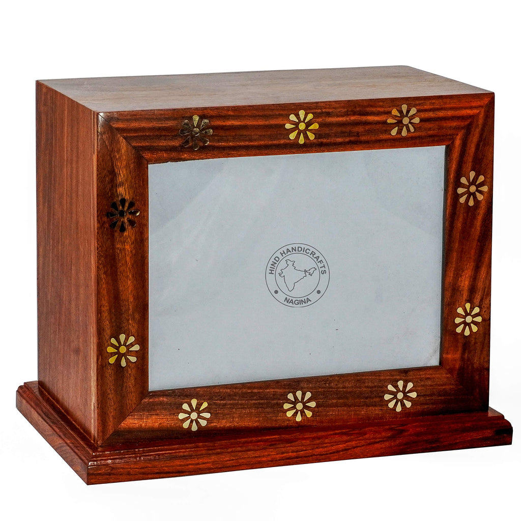 Hind Handicrafts Rosewood Brass Flower Inlaid Wooden Cremation Urns for Human Ashes Adult - Handcrafted Photo Funeral Memorial Ashes Urn - Large Columbarium Urn - PawsPlanet Australia