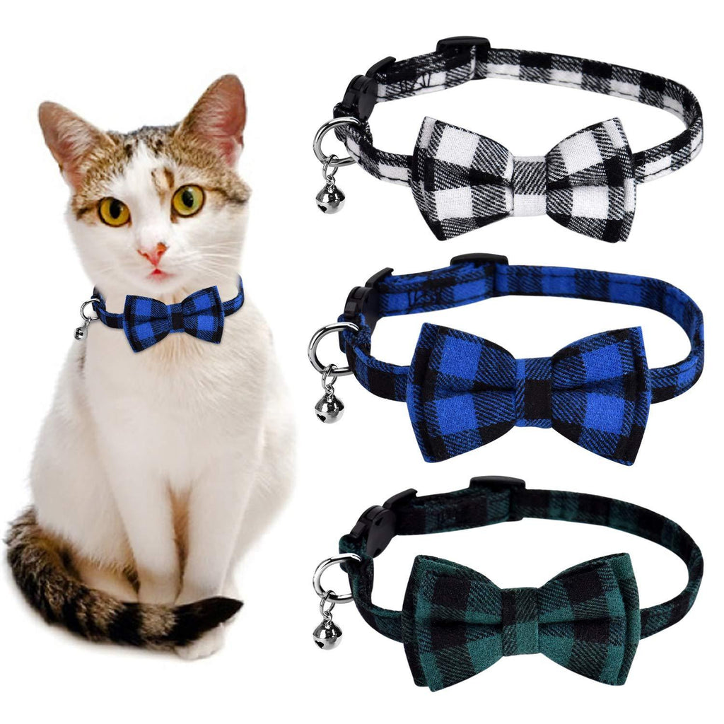 Queta 3 Pack Adjustable Pet Cat Collar with Bow, Safety Lock and Bell for Puppies and Cats, Girls and Boys Kittens (green+white+blue) green+white+blue - PawsPlanet Australia