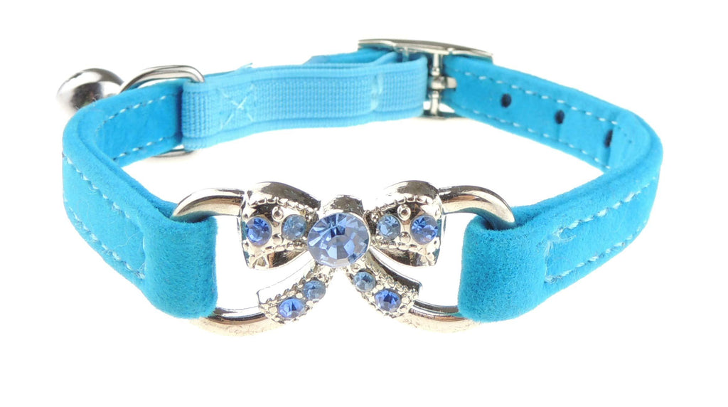 Glamour Girlz Soft Velvet Kitty Diamante Indoor Cat Kitten Collar & Bell- Ribbon Bow (Turquoise) - PawsPlanet Australia