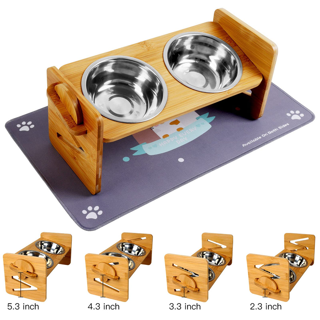 Bosixty Raised Pet Bowls for Small Dogs and Cats, Adjustable Height Bamboo Elevated Puppy and Cat Stand Feeder with 2 Stainless Steel Bowls and Highly Absorbent Non-slip Food Mat - PawsPlanet Australia