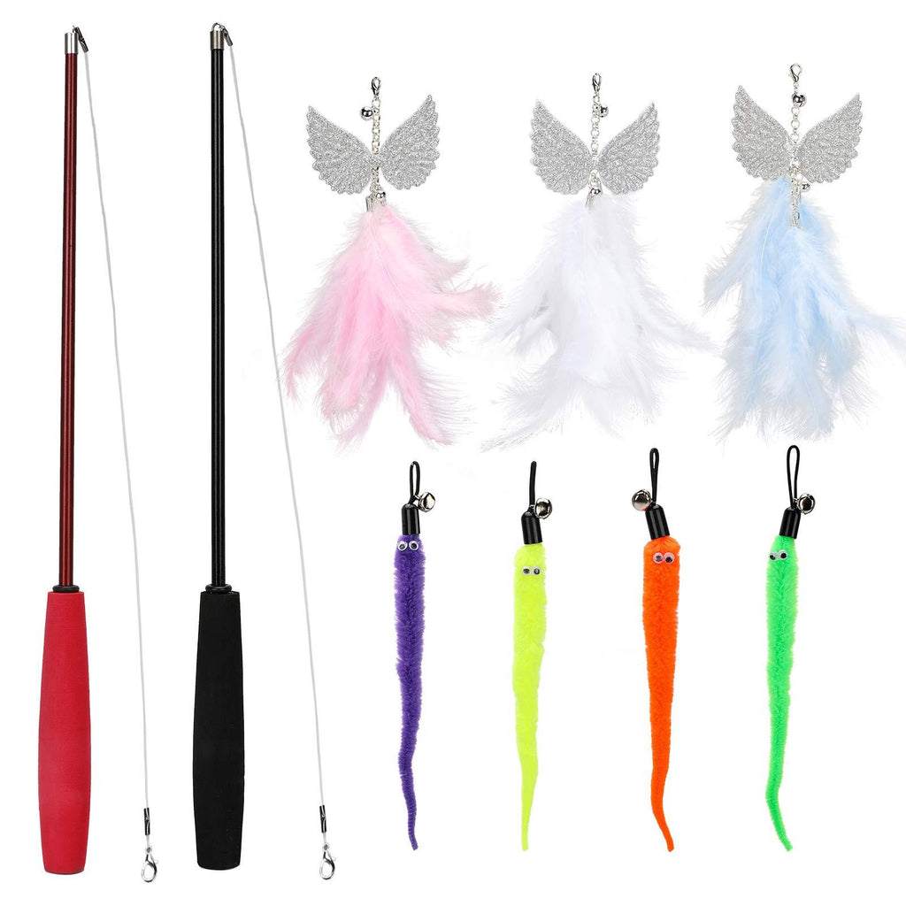LIN KANG Cat Toy Cat Feather Toys,Interactive Retractable Cat Teaser Wand with 9 Refills with Bells and Feather Indoor Interaction with Cats 9PACK - PawsPlanet Australia