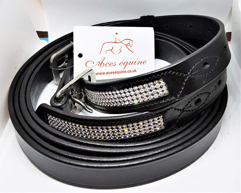 Aces GENUINE HORSE HEAVY DUTY STRONG BLING DIAMANTE STIRRUP LEATHER BLACK FULL (54") COB (52"), PONY (48") SS BUCKLE - PawsPlanet Australia