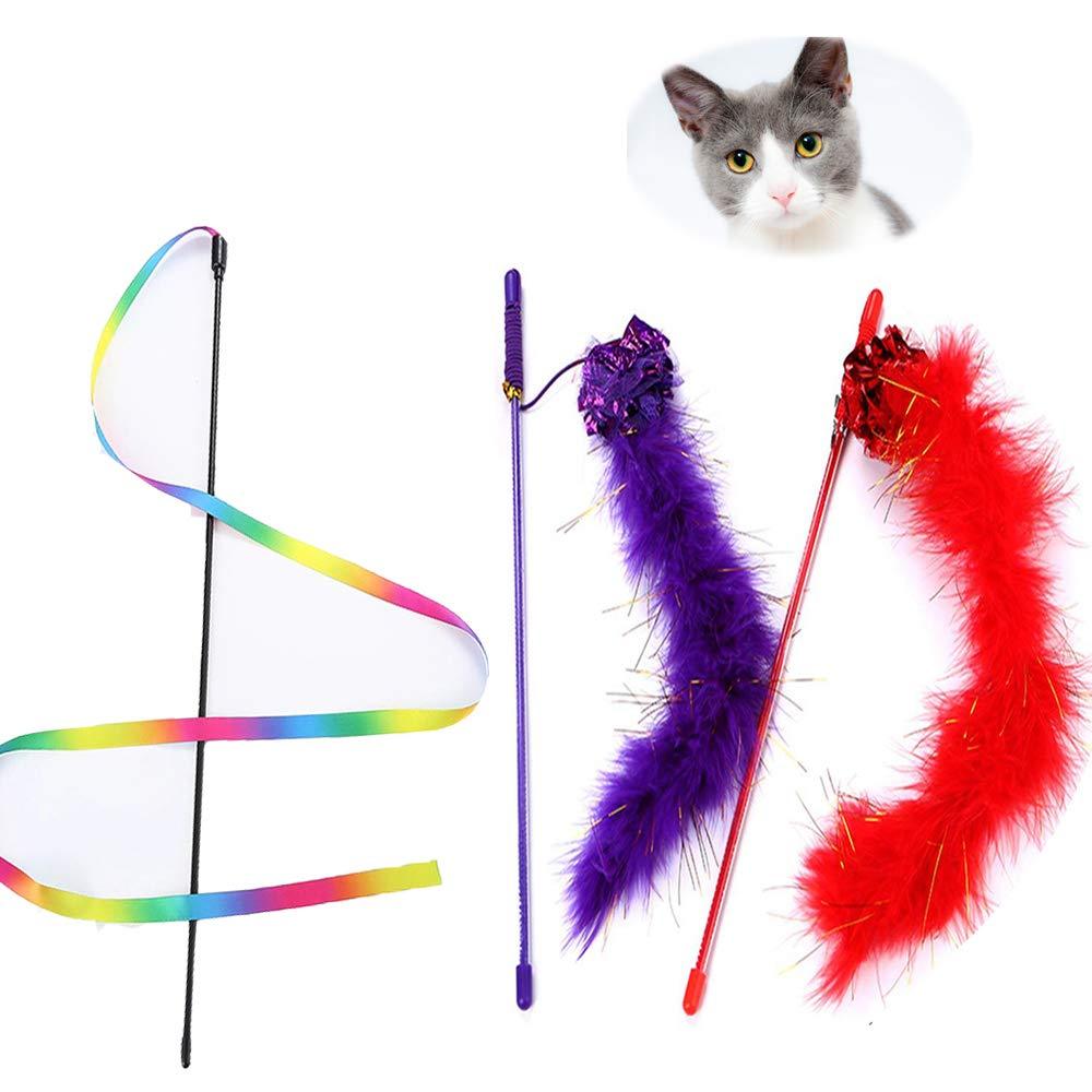 NEKOSUKI Cat Wand and Rainbow Toy, 2Pcs Interactive Cat Teaser Feather Wand with Sound Paper and 1Pcs Rainbow Ribbon Wand for Kitten Cat Having Fun Exerciser Playing - PawsPlanet Australia