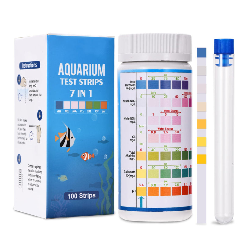 FUNSW 7 in 1 Aquarium Test Strips, Fish Tank Test Kit,Freshwater Saltwater Aquarium Water Test Kit to Detect pH Nitrite Nitrate Chlorine Carbonate Hardness (GH & KH) 7 in1-100Pcs - PawsPlanet Australia