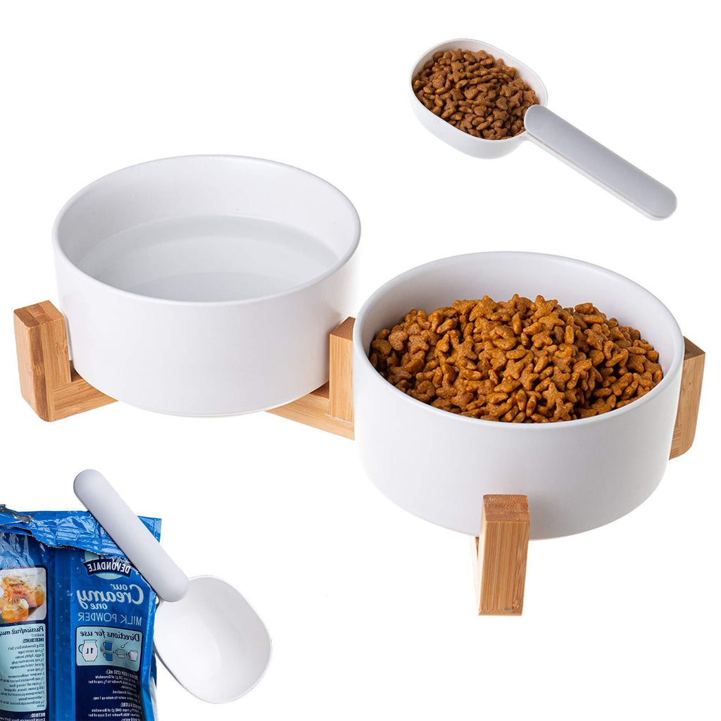 Tbrand Bowls for Cats and Dogs, 2 x 850 ml Feeding Bowl with Spoon, Ceramic Elevated Dog Bowls with Wood Stand No Spill Eco Friendly Pet Food Water Feeder (White) White - PawsPlanet Australia