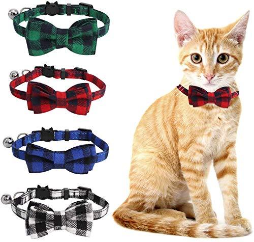 FANDE 4PCS Cat Collar with Bell, Adjustable Cute Bowknot Lattice Pet Tie Collar, Quick Release Detachable Safety Cat Collar, Suitable for Cat and Small Dog Decorations, Adjustable Range 22-32CM - PawsPlanet Australia
