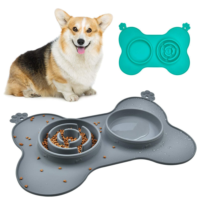 Dog Bowl Slow Feeder Fun Interactive Food Feeder with BPA Free Food Water Bowl Non-Spill Non-Skid Silicone Mat for Small Medium Dogs Cats and Pets (M, Grey) M - PawsPlanet Australia