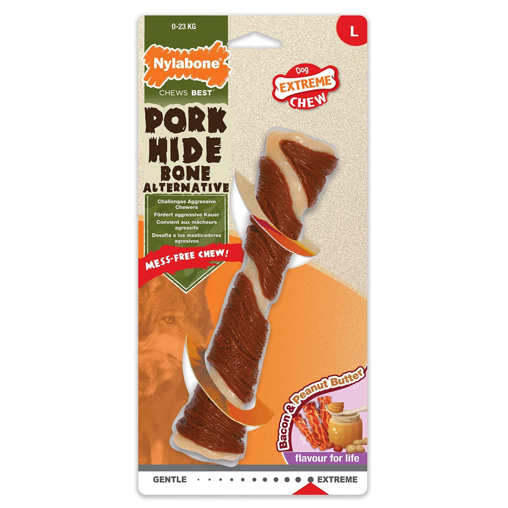 Nylabone Extreme Tough Dog Chew Toy, Pork Hide Bone, Bacon & Peanut Butter Flavour, Mess-Free, L, For Dogs Up To 23Kg - L - PawsPlanet Australia