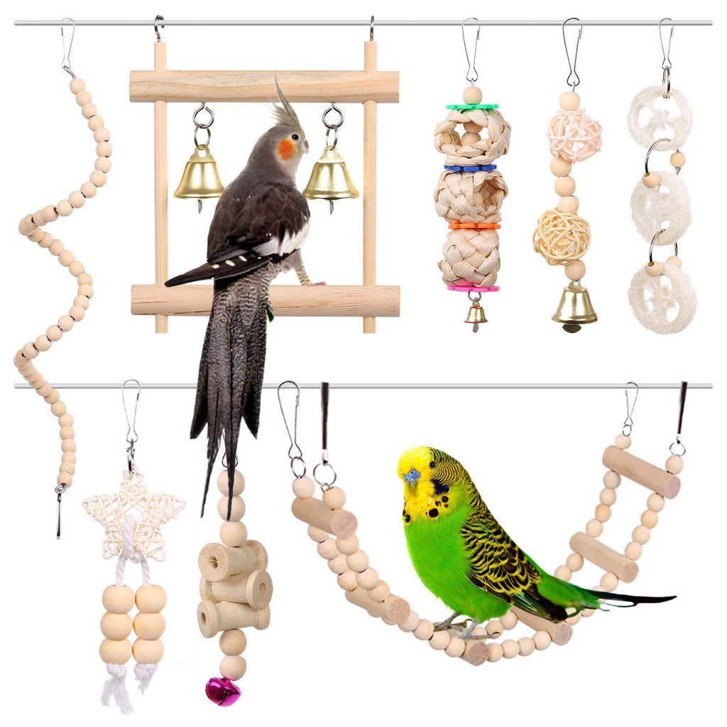 Kuoser 8 Pack Bird Toys, Parrot Chewing Toys Cage hanging Swing with Bells, Pet Wooden Perch Hammock for Budgies Parakeets Conures Love Birds Cockatiel Finches - PawsPlanet Australia