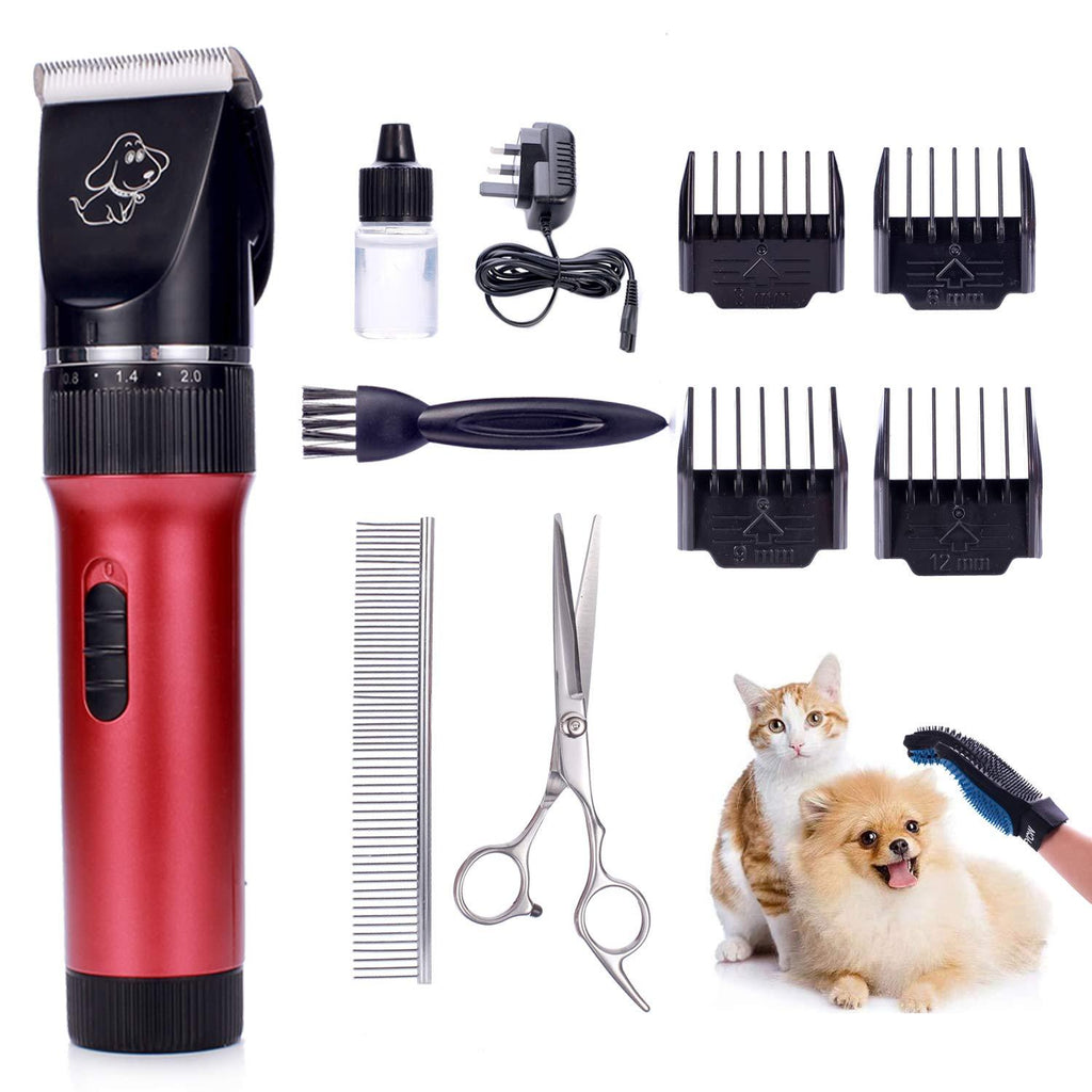 AOSHE Professional Dog Clippers, Low Noise Rechargeable Cordless Pet Dogs and Cats Electric Grooming Clippers Kit with Shears and Comb - Glove Brush Red - PawsPlanet Australia