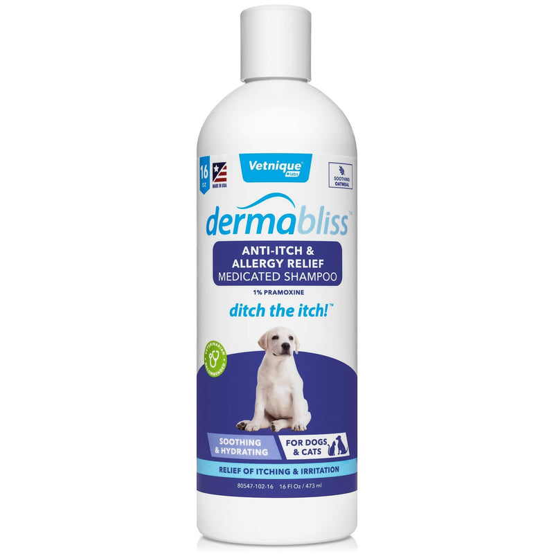 Vetnique Labs Dermabliss Anti Itch & Allergy Relief Medicated Dog Shampoo for Allergies and Itching with 1% Pramoxine HCL, Safflower Seed Oil, and Oat Extract for Dogs and Cats 16oz … - PawsPlanet Australia