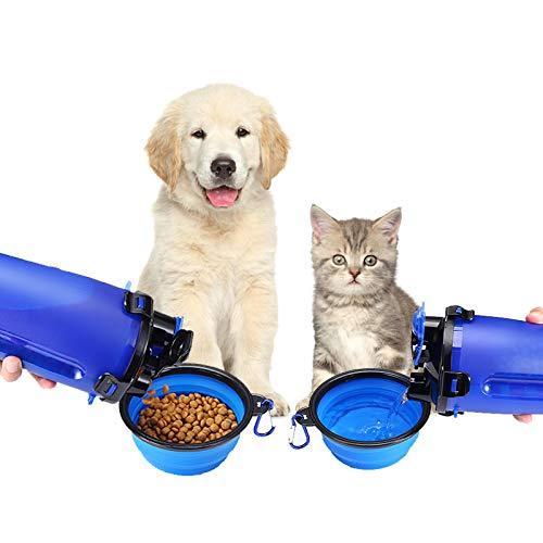 Pet 2 in 1 Dual Chamber Bottle Portable Pet Travel Water Bottle with 2 Foldable Bowls Dogs Outdoor Bowls Water Bottle and Food Container Feeder Bowl for Dog Cat Blue - PawsPlanet Australia