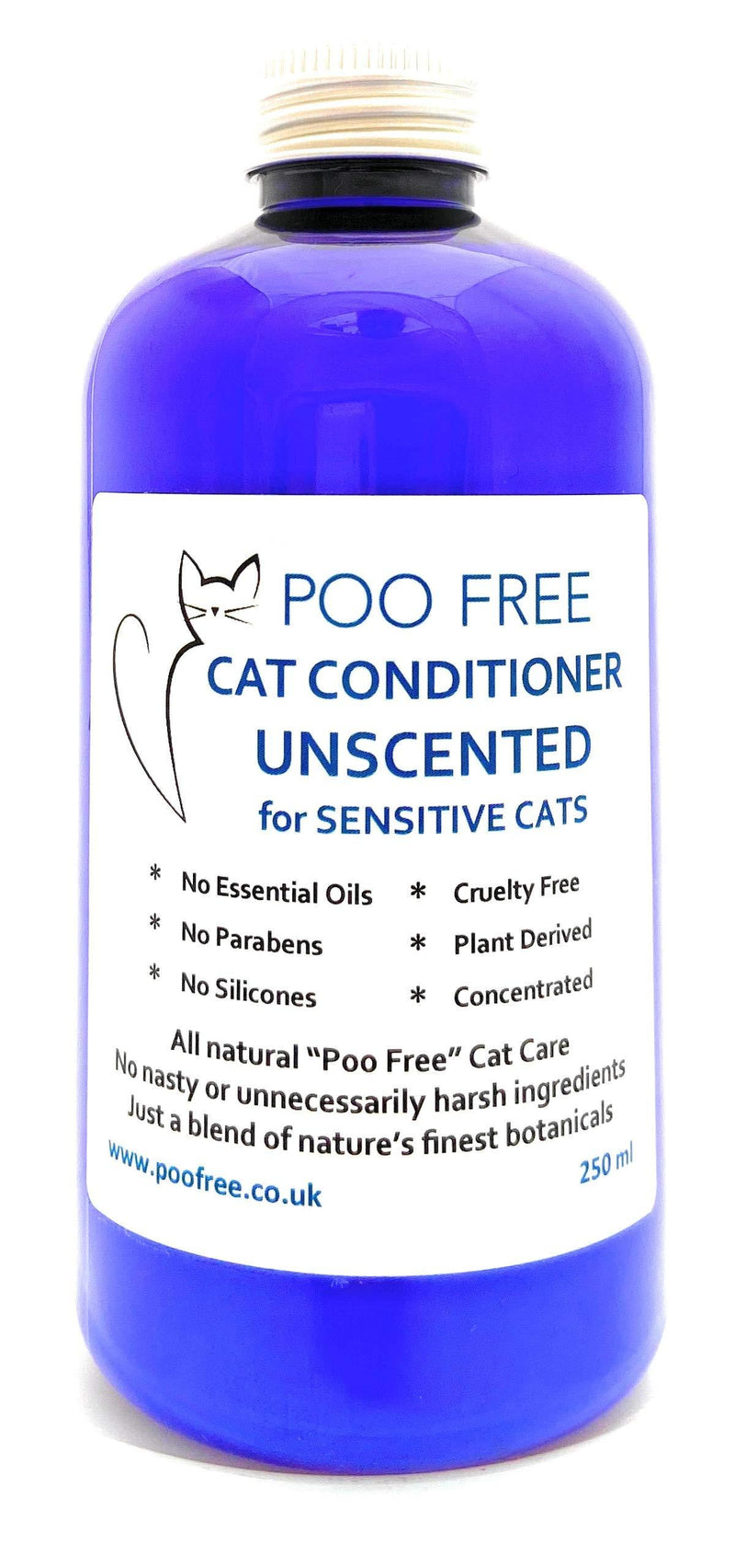 POO FREE Natural CONDITIONER FOR CATS - UNSCENTED for SENSITIVE CATS - 250ml No Sulfates, No Parabens, No Silicones. Cleans, Soothes, Relieves Itchiness, Eliminates Germs and Smells. Concentrated. - PawsPlanet Australia