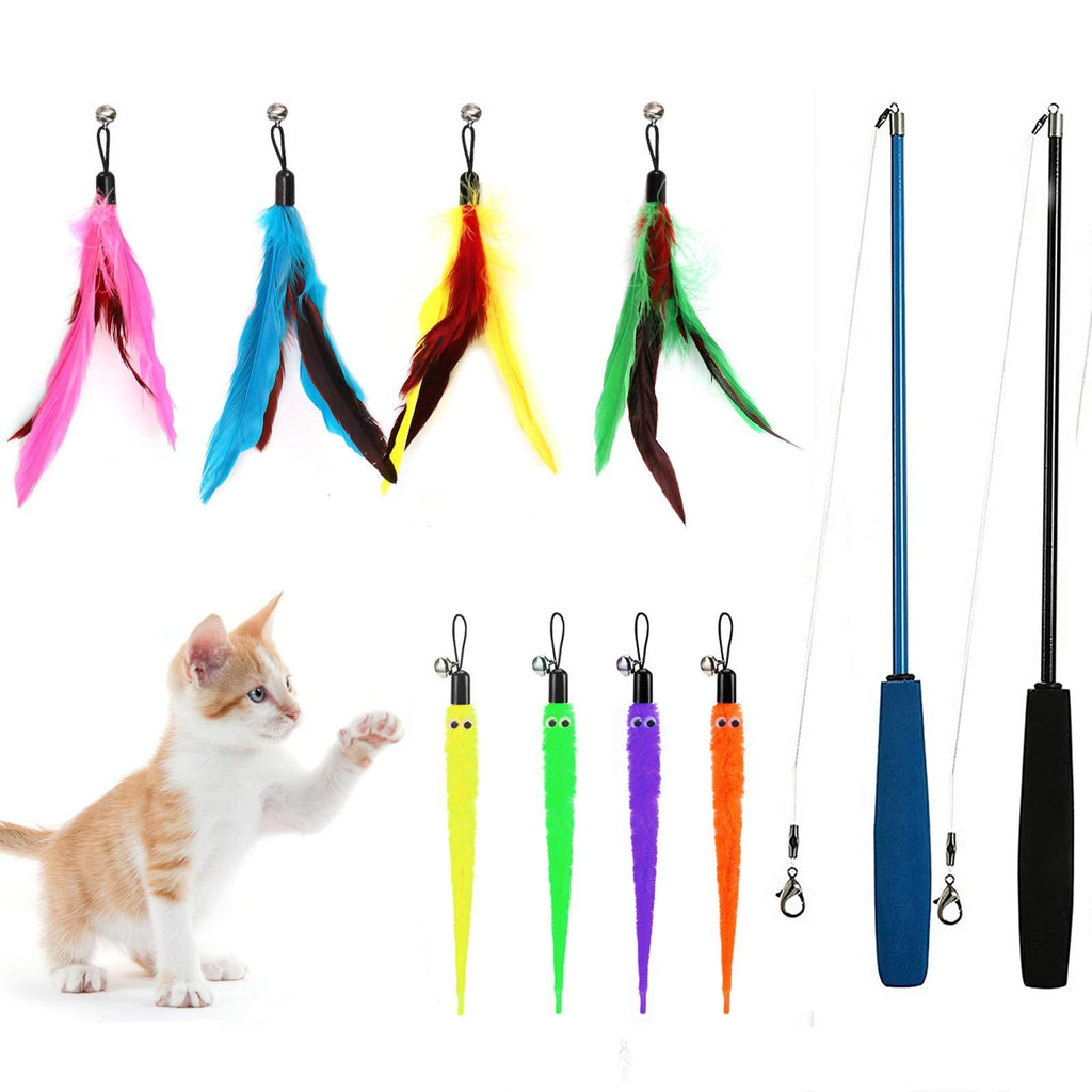 NASHRIO Cat Feather Toys, 2 Interactive Retractable Cat Teaser Wand with 8 Refills with Bells and Feather Activity Toys to Exercise Cats and Kittens - PawsPlanet Australia