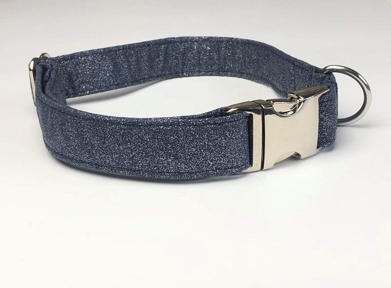 KLASSY K9 CHRISTMAS COTTON DOG COLLAR MEDIUM LARGE 25MM WIDE FULLY ADJUSTABLE 16"-22" 40CM-55CM BLUE WITH SILVER SPARKLES AND CHROME FASTENER - PawsPlanet Australia