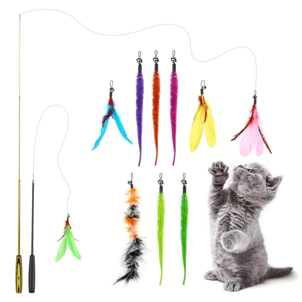 Feather Wand Cat Toy, Interactive Cat Toys Wands With Feathers, Cat Feather Toys, With Retractable Cat Teaser Wand And Feather Worm Toys With Bells, For Indoor Cat And Kitten Catcher(12 Pack) Type 1 - PawsPlanet Australia