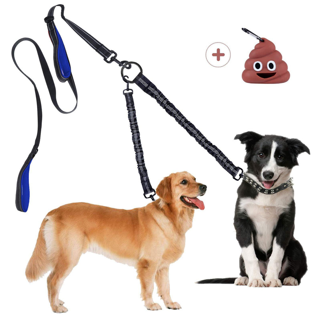 Dual Dog Leash Double Dog Leash, Multifunctional Detachable Leash for 1 or 2 Dogs, No Tangle Shock Absorbing Bungee Walking Lead with Two Handles Bonus Funny Waste Bag Dispenser for Dogs Up to 180lbs Black and Blue - PawsPlanet Australia