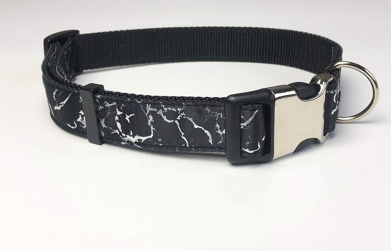 KLASSY K9 DOG COLLAR MARBLE DESIGN ON BLACK PLAIN WEAVE WEBBING LARGE ADJUSTABLE 43CM - 61CM 17"- 24" 1" WIDE - PawsPlanet Australia