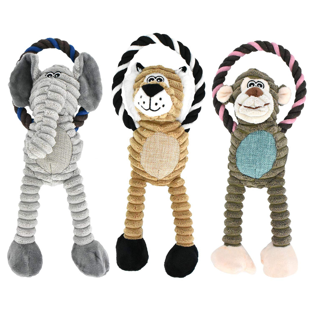 RIO Direct Squeaky Dog Toys, 3 Pack Durable Dog Plush Toys Chew Toys, Interactive Dog Toys Training Toys for Puppy Small Medium Dogs Playing Making Fun - Monkey, Elephant, Lion - PawsPlanet Australia