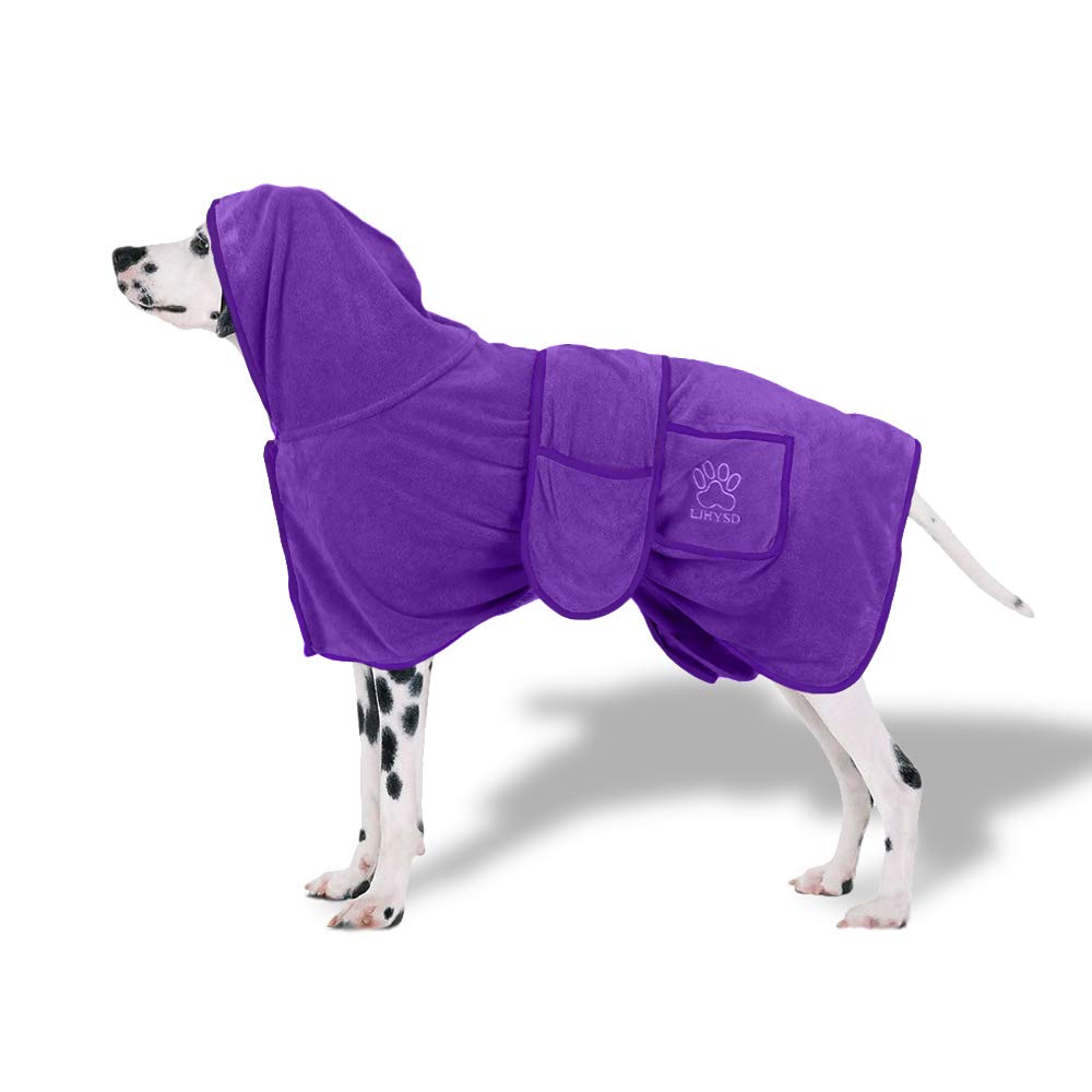 Dog Drying Coat, Dog Bathrobe Towel with Adjustable Strap, Quickly Absorb Moisture Dog Towel Robe with Auxiliary Drying Pocket - 30cm Back Length, Purple XS - PawsPlanet Australia