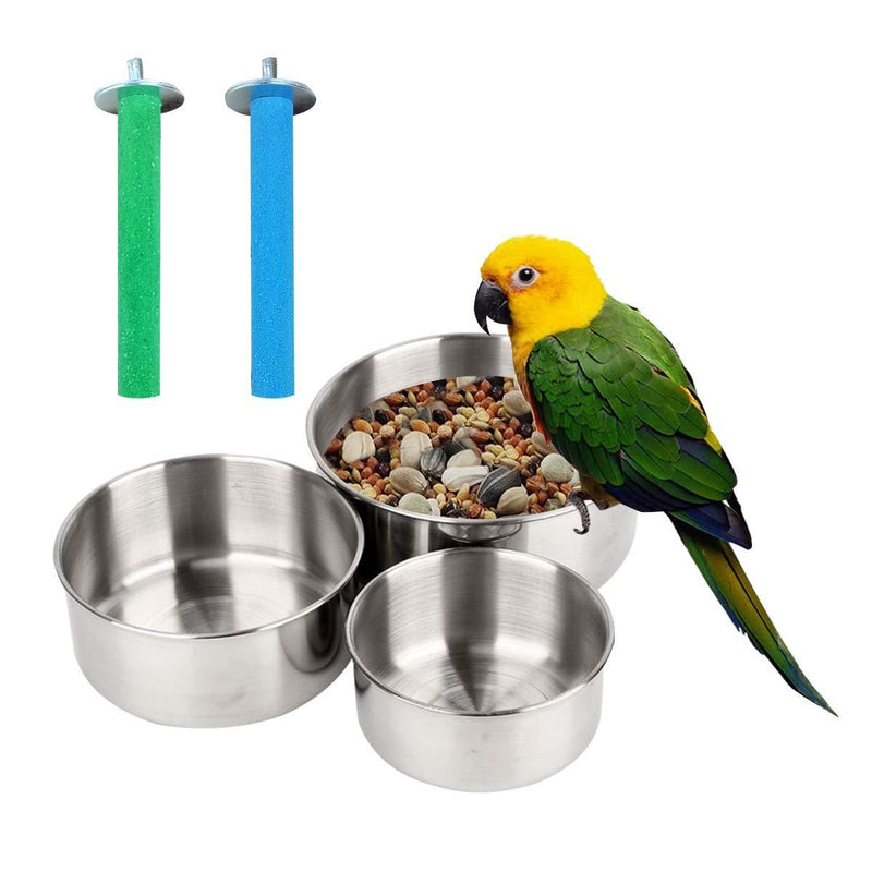 DBAILY Stainless Steel Parrot Feeding Cups, 3pcs Bird Feeding Dish Cups with Screw Attachment Parrot Food Water Bowl (S, M, L) +2pcs Wooden Random Color Bird Stand Toy for Small Animal - PawsPlanet Australia