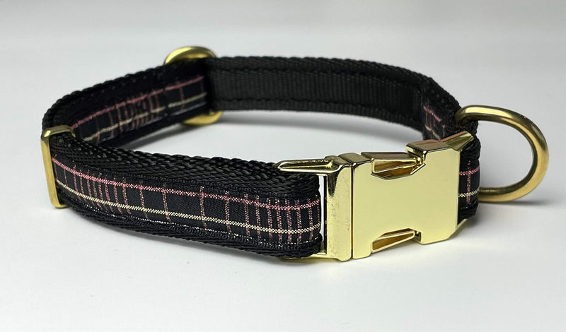 KLASSY K9 DOG COLLAR BLACK WEBBING WITH SPARKLY PLAID DESIGN WITH BRASS FASTENER MEDIUM 3/4" WIDE - PawsPlanet Australia