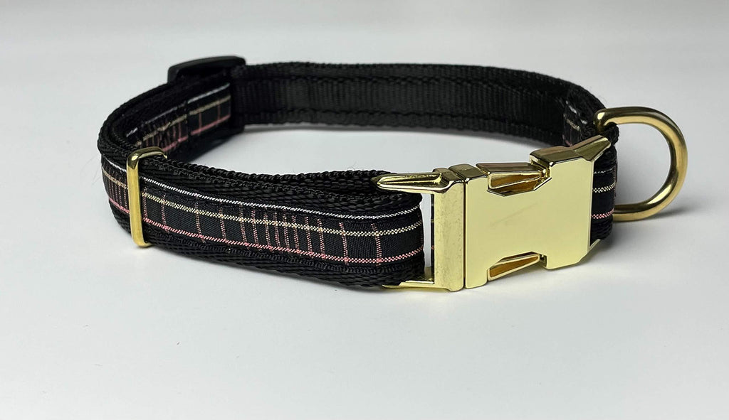 KLASSY K9 DOG COLLAR BLACK WEBBING WITH SPARKLY PLAID DESIGN WITH A BRASS FASTENER MEDIUM 3/4" WIDE - PawsPlanet Australia