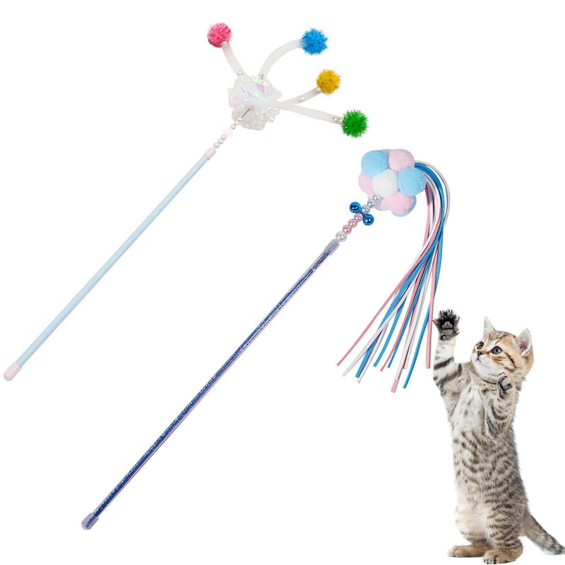 N\O Heiqlay Fairy Funny Cat Stick, Cat Teaser Wand, Cat Interactive Toys Wand, Feather Plush Toys Stick with Balls, Bells and Tassel, Training Interactive Funny Cat Toy Wand, 2pcs, 40cm - PawsPlanet Australia