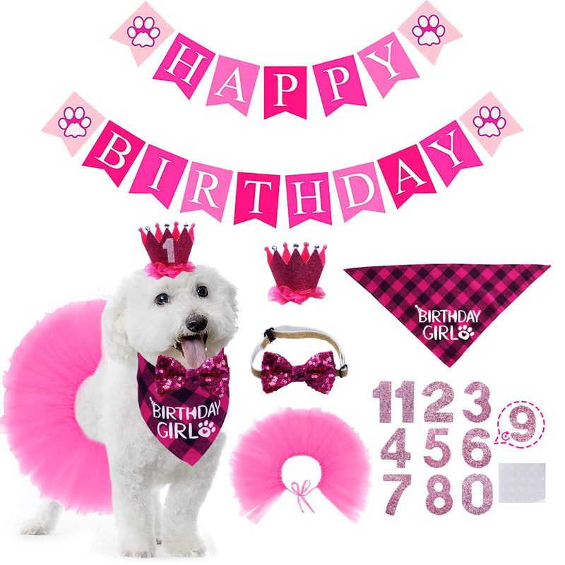 STMK Dog Birthday Outfit Girl, Dog Birthday Bandana Girl Tutu Skirt Birthday Number Crown Hat Bowtie Happy Birthday Banner for Pet Puppy Dog Birthday Party Supplies (Rose) - PawsPlanet Australia