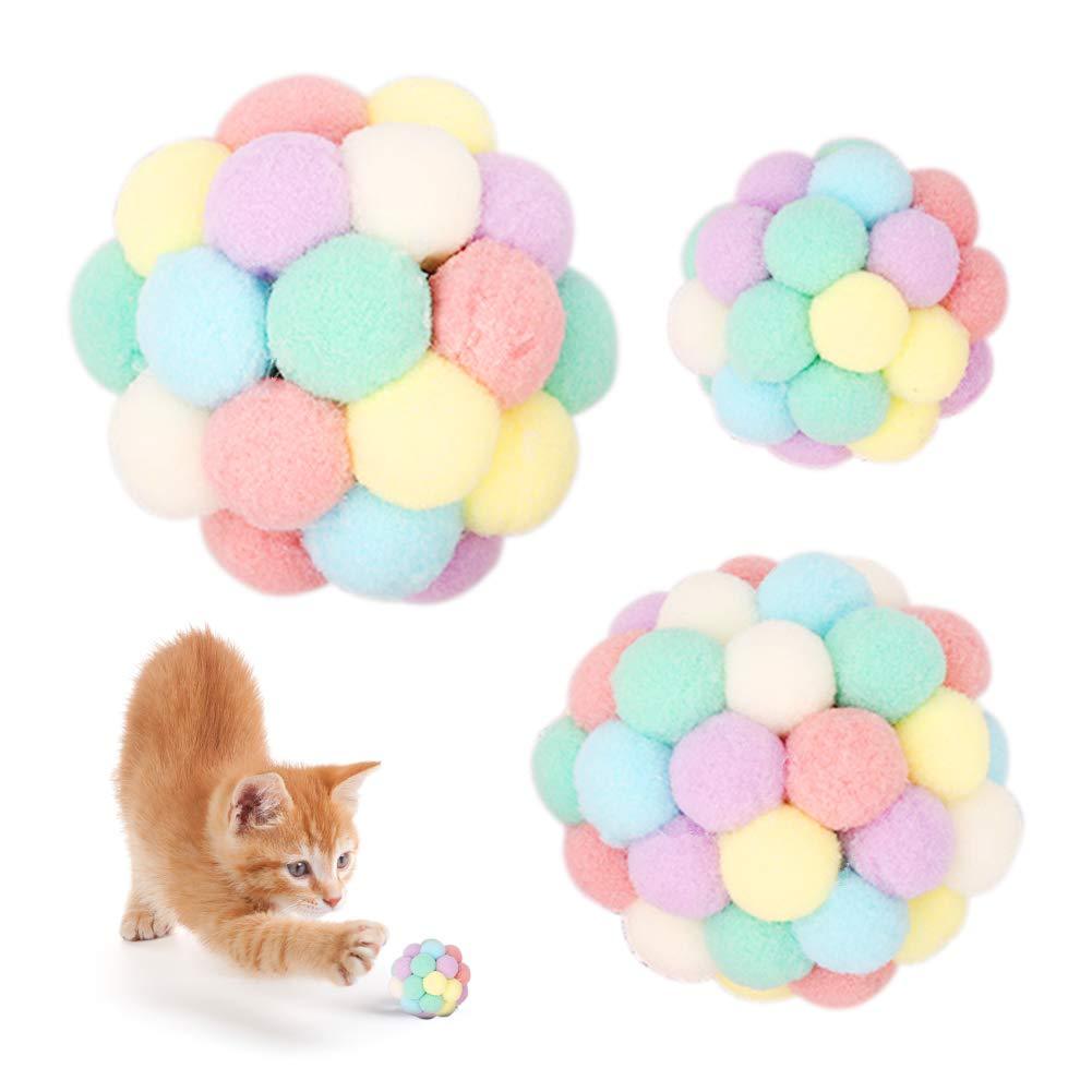 AnCoSoo 3PCS Colorful Cat Balls with Bell, Training Playing Chewing, Plush Ball, Cats Colorful Elastic Ball, Cat Interactive Toys for Cats Kitten Indoor Outdoor Multi-colored cat ball with bell - PawsPlanet Australia