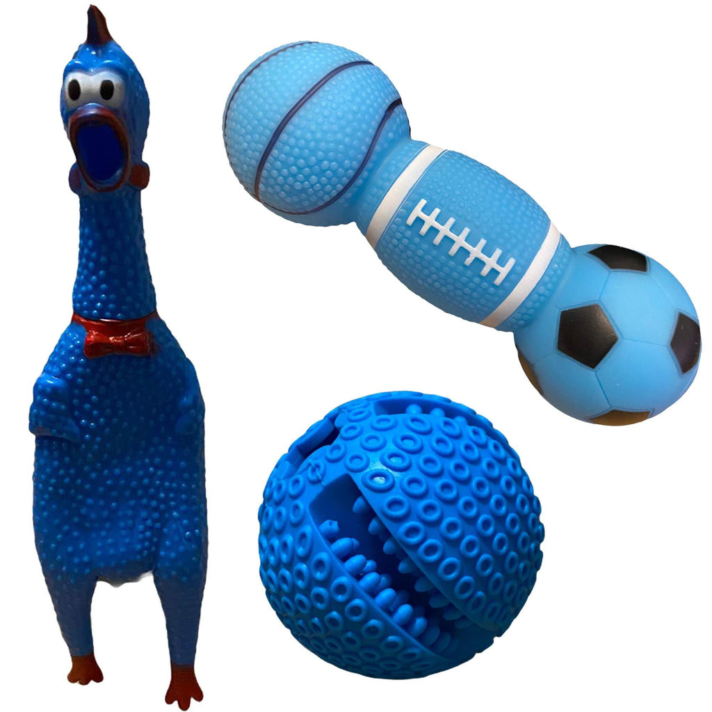 Dog Interactive Pet Chew Toy Squeak Chicken Dumbbell & Treat Ball Toys For Dogs & Puppies Toys Gift Set Pack of 3 (Blue) Blue - PawsPlanet Australia