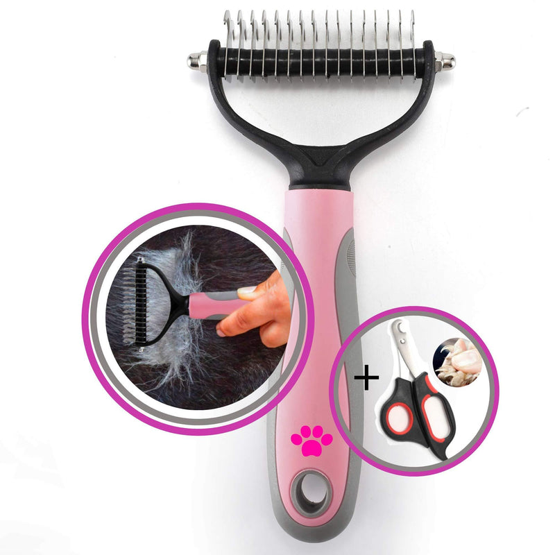 Furry 3dom Pet Premium Larger Grooming Tool, Dematting, Detangling Comb, Double Sided Undercoat Rake, Easy Remove Mats & Tangles. For Medium & Larger Dogs. Free bonus nail & claw clippers. Pink - PawsPlanet Australia