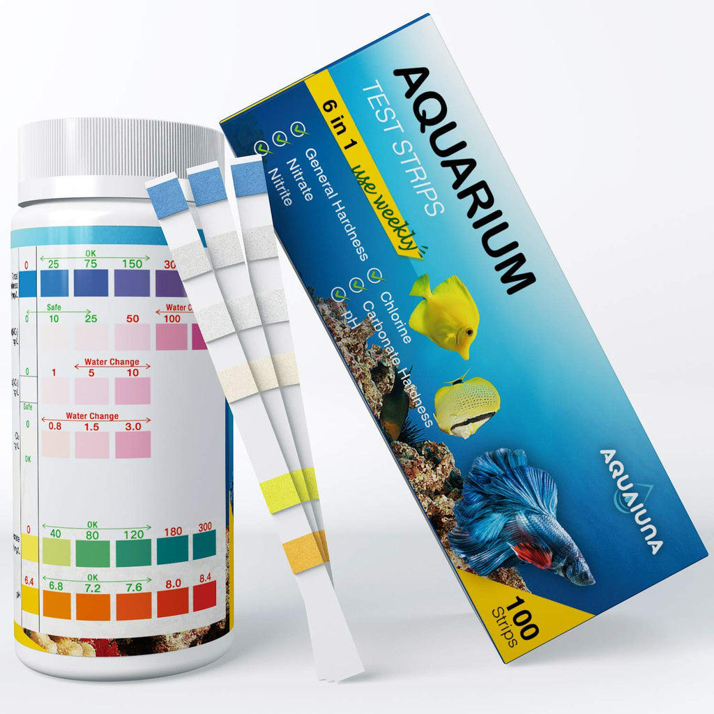 AQUALUNA Aquarium Test Strips 6 in 1 for Freshwater and Saltwater- Fish Tank Test Kit Monitoring Level of pH, Nitrate, Nitrite, General Hardness, Free Chlorine and Carbonate-100 Counts - PawsPlanet Australia