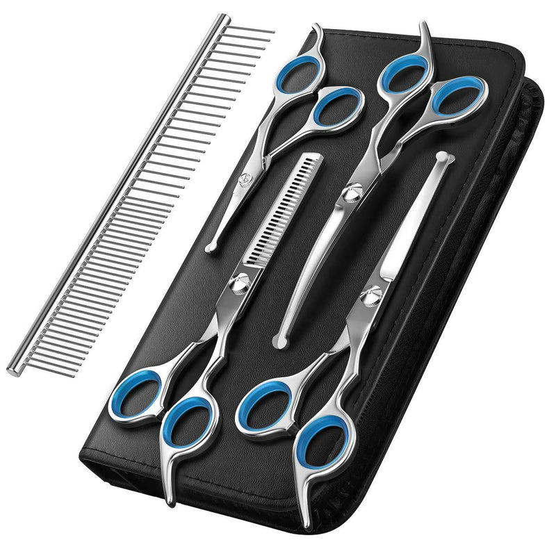 Pawaboo Dog Grooming Scissors Kit 5 Pack, Safety Round Tip Stainless Steel Titanium Coated Pet Grooming Trimmer Set, Thinning/Straight/Curved Shears and Comb with Case for Small Large Pet Dog Cat-Blue Blue - PawsPlanet Australia