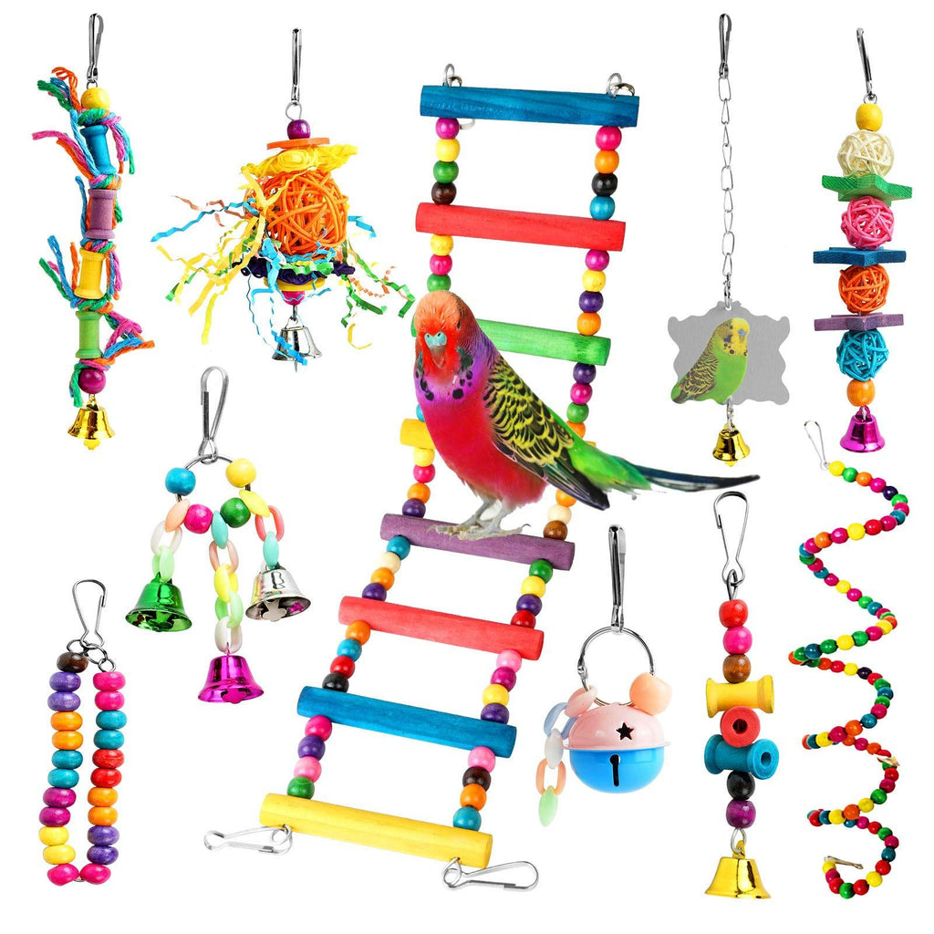 Chikanb 10 Pcs Bird Swing Chewing Toys, Parrot Mirror Natural Wood Hammock Bell Toys Suitable for Small Parakeets, Cockatiels, Conures, Finches, Budgie, Macaws, Love Birds, Little Pet and animals #2-10PCS-parrot toys - PawsPlanet Australia