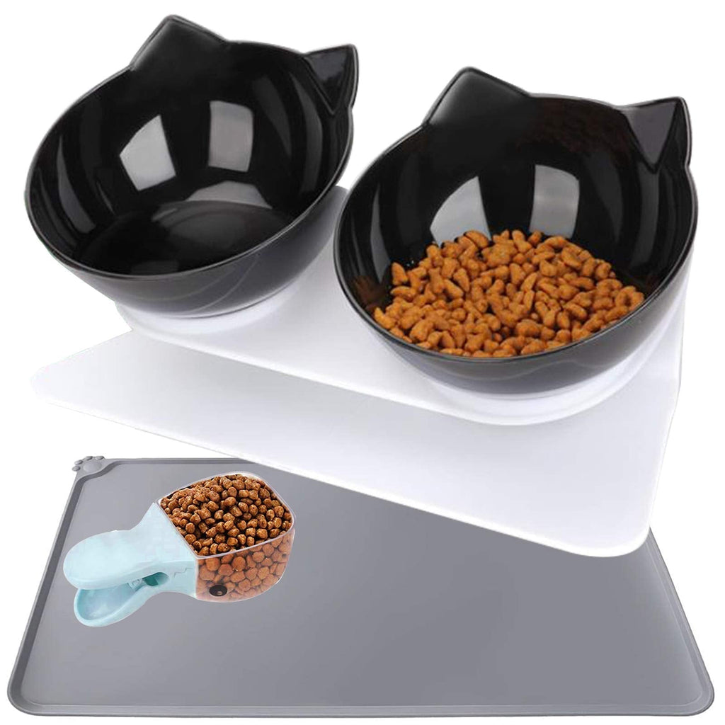 DMSELL (3 Pcs) Cat Bowls/Dog Bowls With Food Scoop and Silicone Pet Feeding Mat, 15°Tilted Double Cat Bowls with Raised Stand, Protect Pets Cervical Vertebra, Adjustable Cat Food and Water Bowl Black+Black(3 PCS) - PawsPlanet Australia