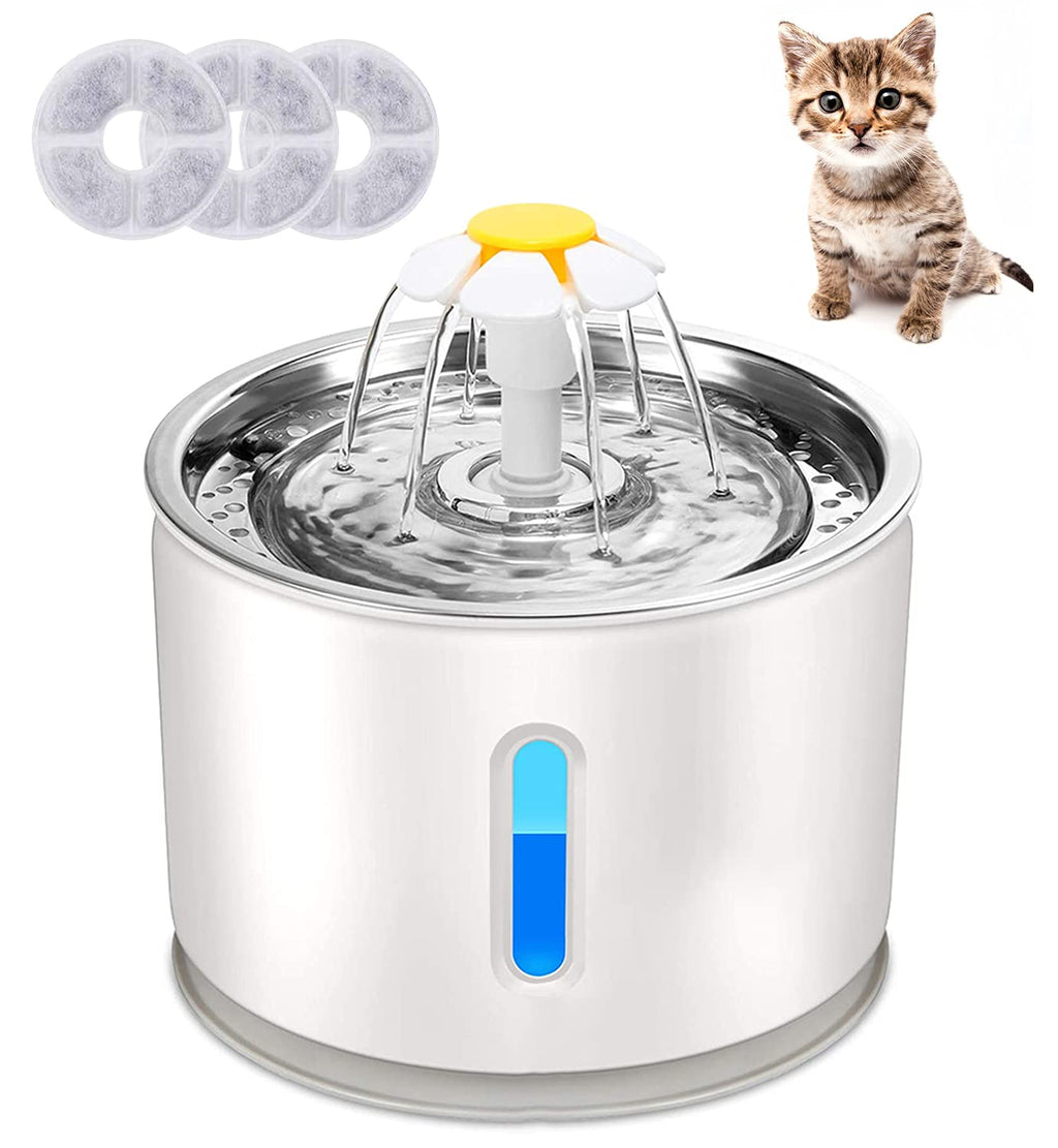 Plartree Cat Water Fountain, 2.4L Cat Water Fountain Stainless Steel, Silent Automatic Water Dispenser with Night Light and 3 Carbon Filter and LED Water Level Window,Waterfall Flower Style Fountain - PawsPlanet Australia