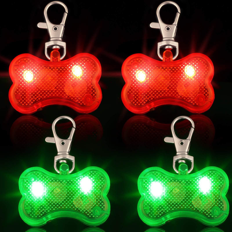 4 Pieces Plastic LED Dog Collar Tag Lights in Bone Shape Glow in the Dark Dog Tags Light Up Flashing Night Walking Dog Tags for Safety (Red Light, Green Light) Red Light, Green Light - PawsPlanet Australia