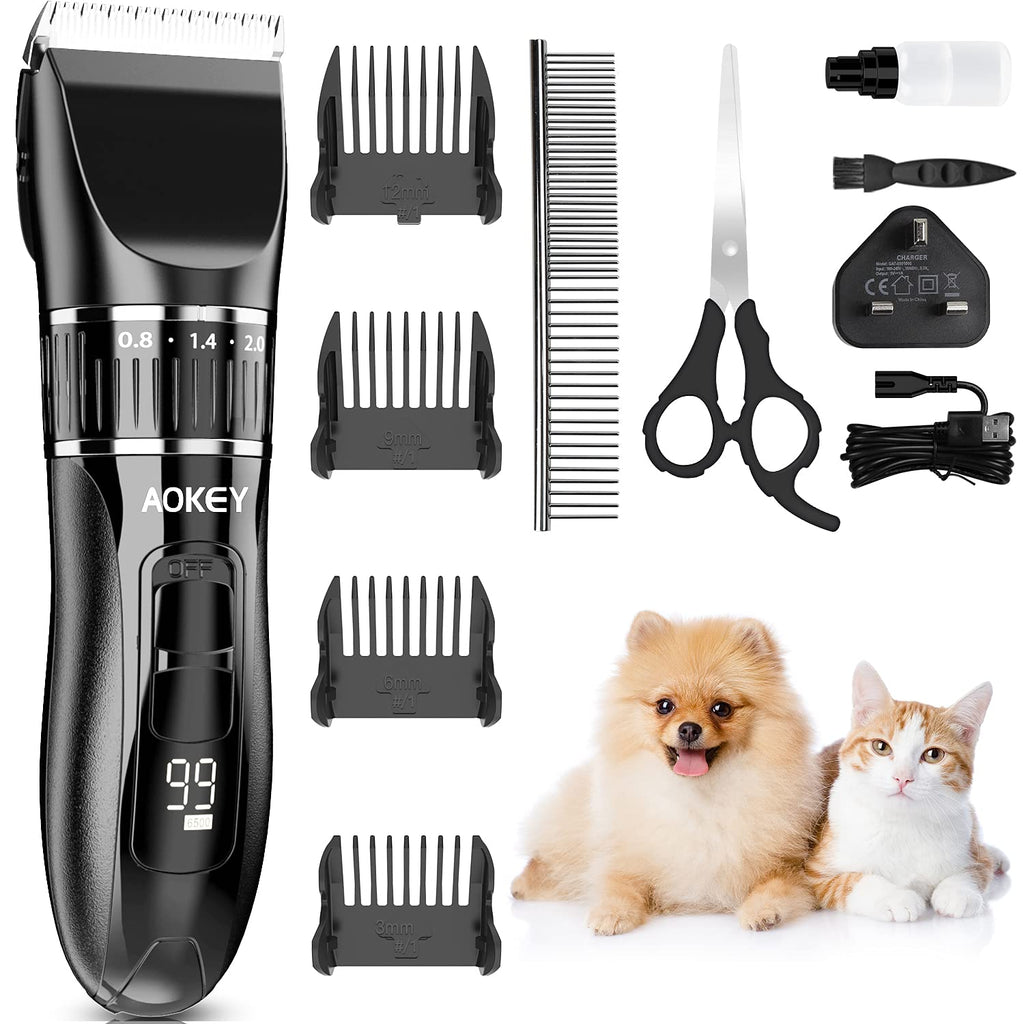 AOKEY Dog Clippers with Strong Power , Low Noise Dog Grooming Clippers, Dog Grooming Kit with 4 Limit Combs, Professional Scissors and Combs, Rechargeable Cat Grooming Equipment Suitable for All Pets Dark Black - PawsPlanet Australia