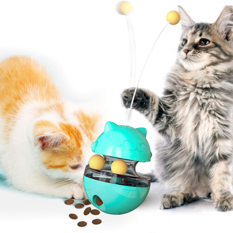 Funny Cat Toys, 4 In 1 Interactive Cat Toys for Indoor Cats, Adjustable Cat Food Dispenser Treat Tumbler Toy with Three Balls and Teasing Wand for Pet Cat Kitten, for Chasing Playing Eating (Blue) - PawsPlanet Australia