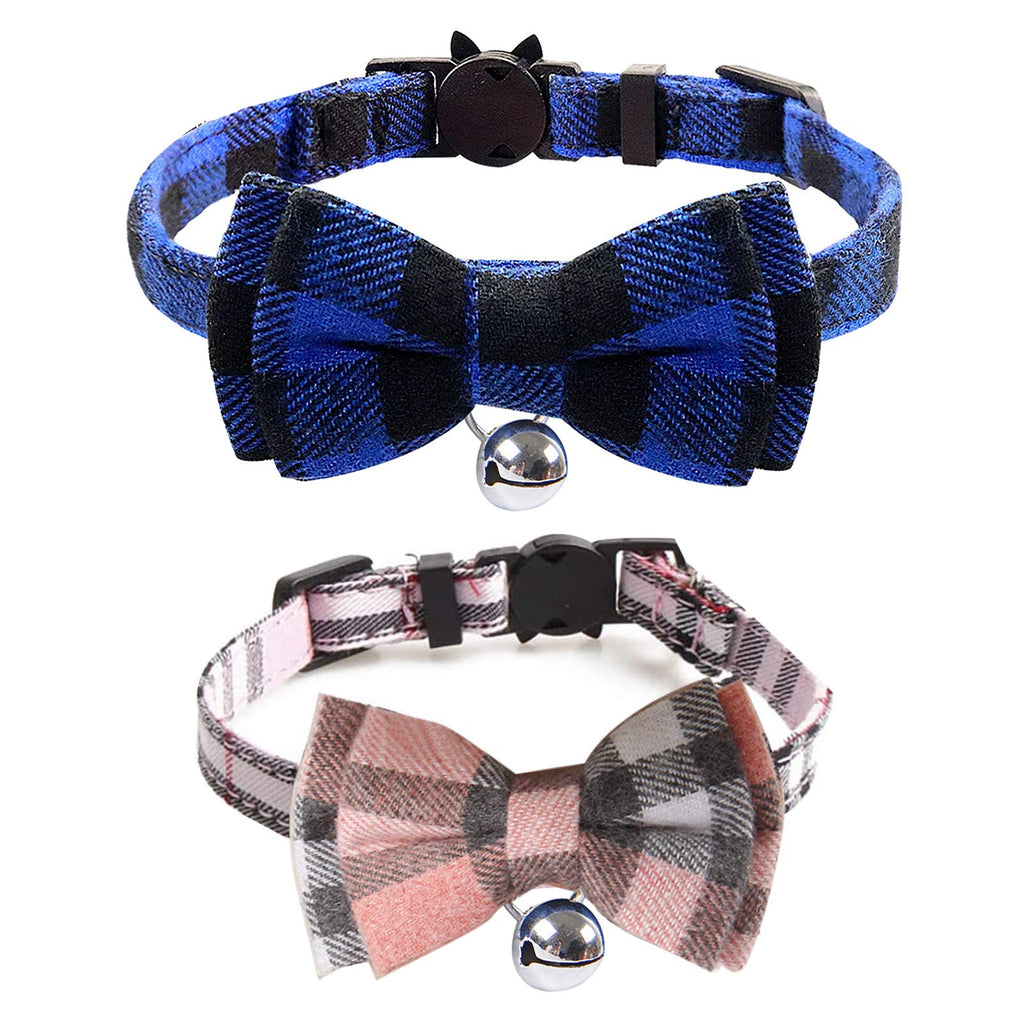 2PCS Plaid Cat Collars Quick Release Kitten Collar Bow Tie Safety Cat Bowtie Collars Christmas Cat Bow Collar With Bell Soft Tartan Collar Adjustable Pet Collars For Kitten Puppy Blue Pink - PawsPlanet Australia